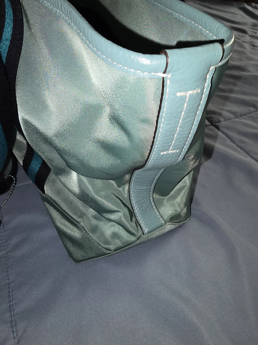 Coach Mint Green Tote with Black and Teal Striped Handles
